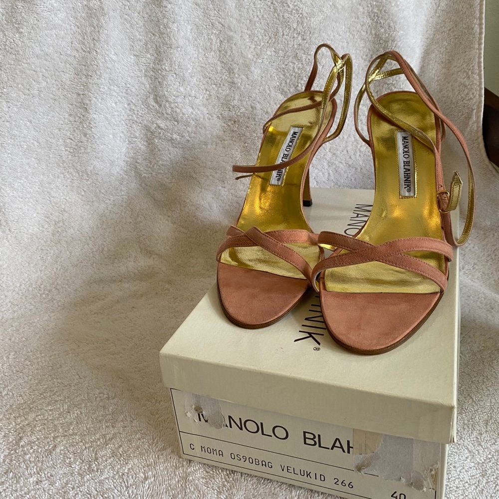 Manolo Blahnik Dusty Rose strappy heels.